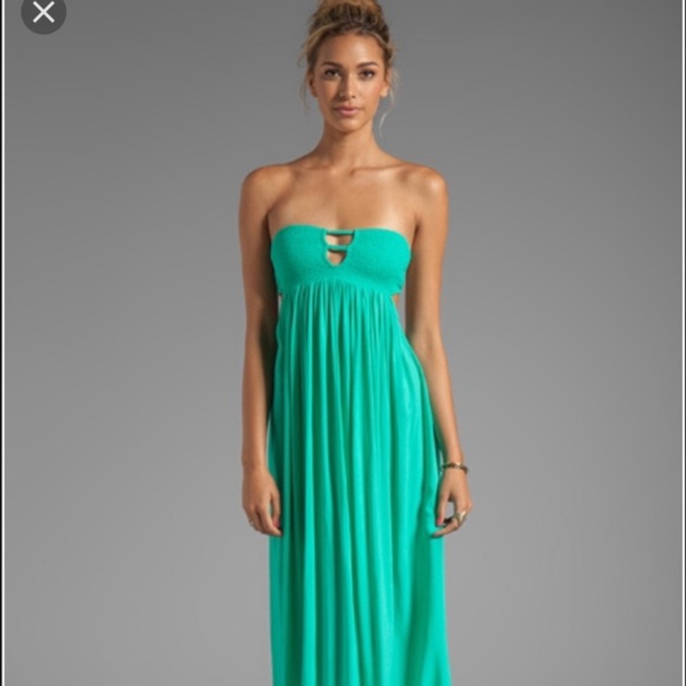 Indah Teal Flamingo Strapless Maxi Dress sz S